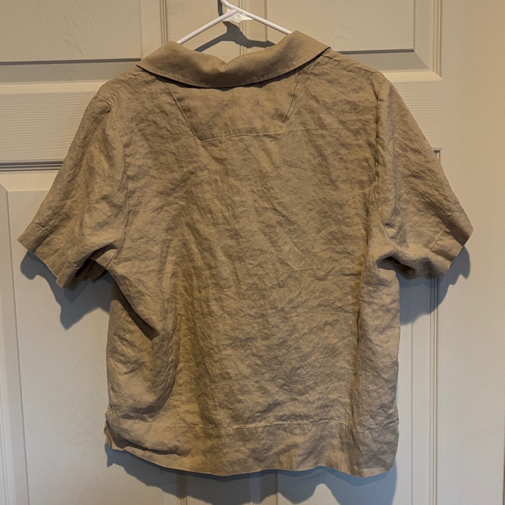 Quine 100% Linen Tan Button-Up Short Sleeve Shirt - Picture 2 of 3